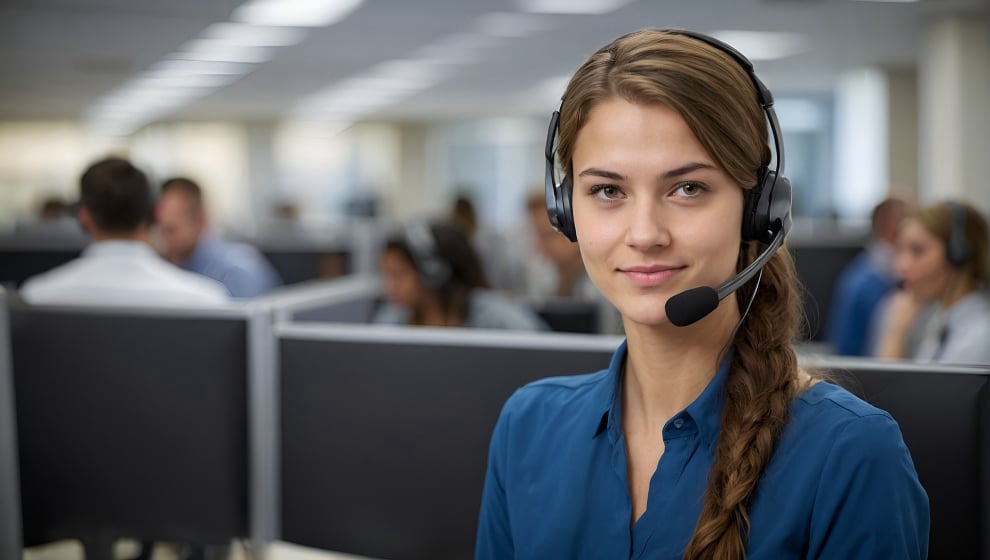 Mulher usando o número 0800 dentro de uma empresa, ganhando credibilidade